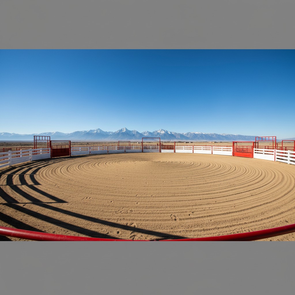 An empty rodeo arena with sandy flooring and red and white fencing, surrounded by a mountain range in the distance and a c...